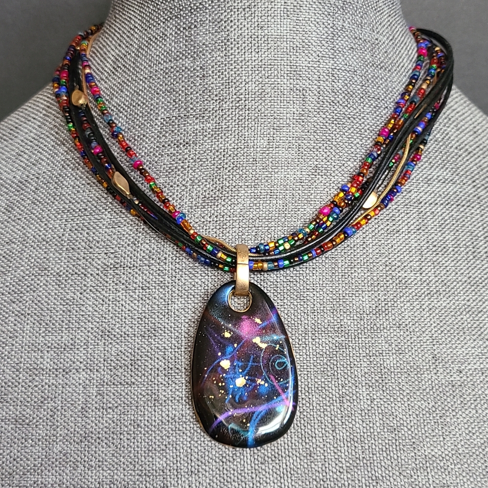 Chico’s purple pendant multi seed bead Strands adjustable Choker Necklace- READ